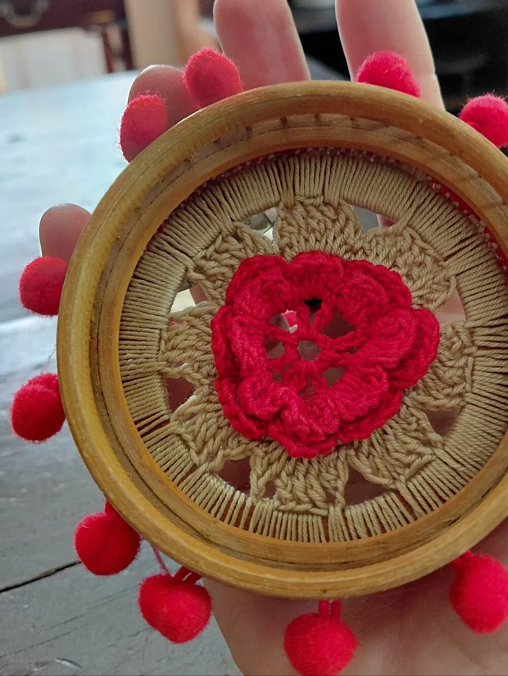Vintage 70s unique groovy tan wood & red floral boho woven macrame wall art pair